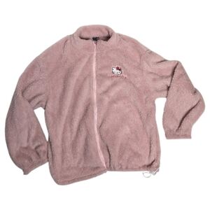 HELLO KITTY pink fuzzy zip up embroidered‎ fleece jacket M